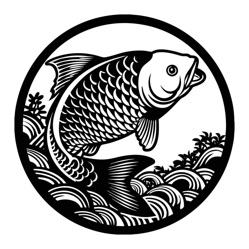 a fish in a circle with a black and white design vector