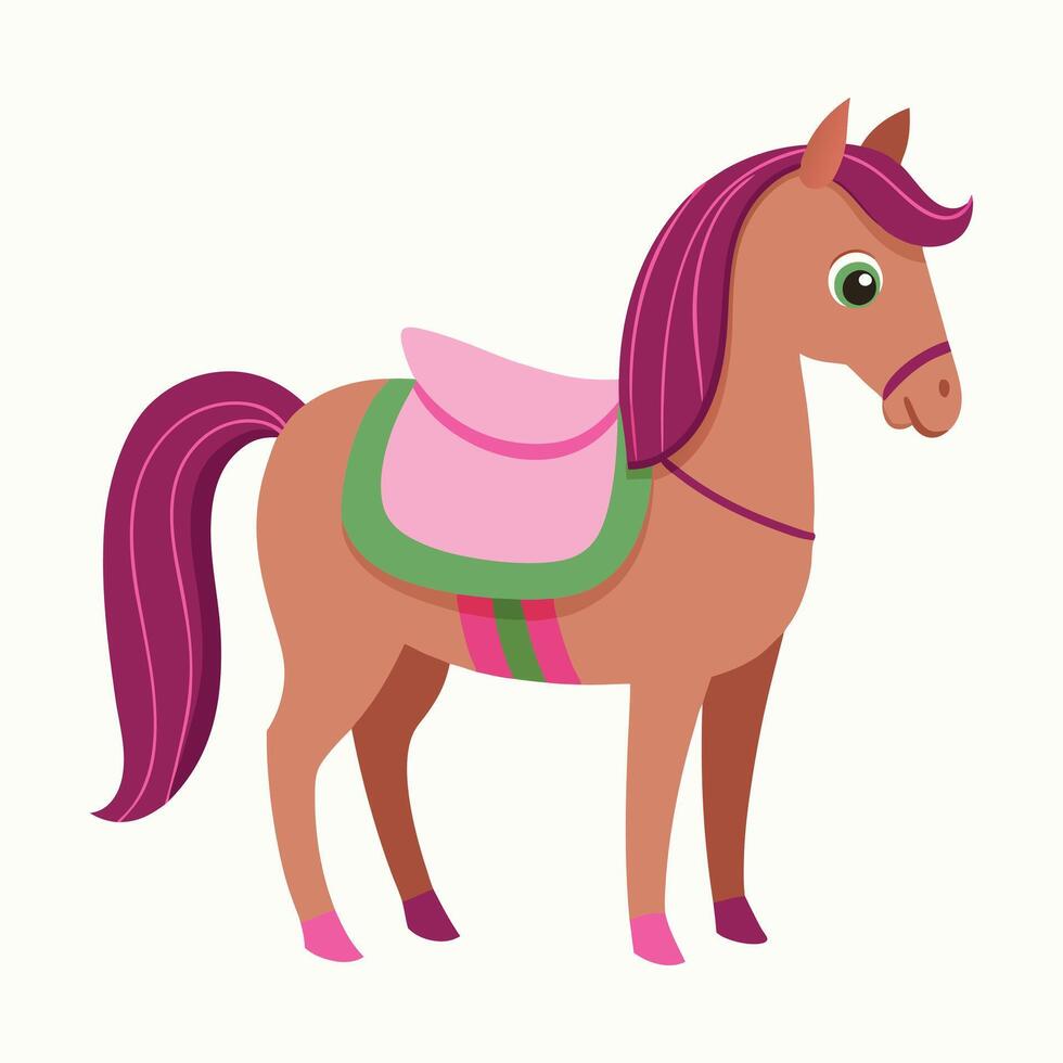 a cartoon horse with pink saddle on a white background vector