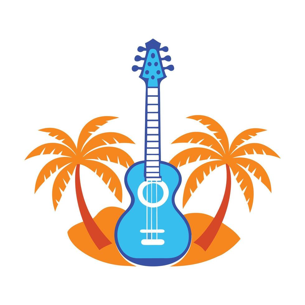 a blue ukulele guitar with palm trees and a beach vector