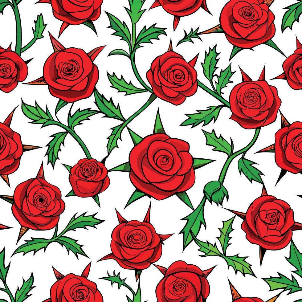 seamless pattern with red roses and leaves vector