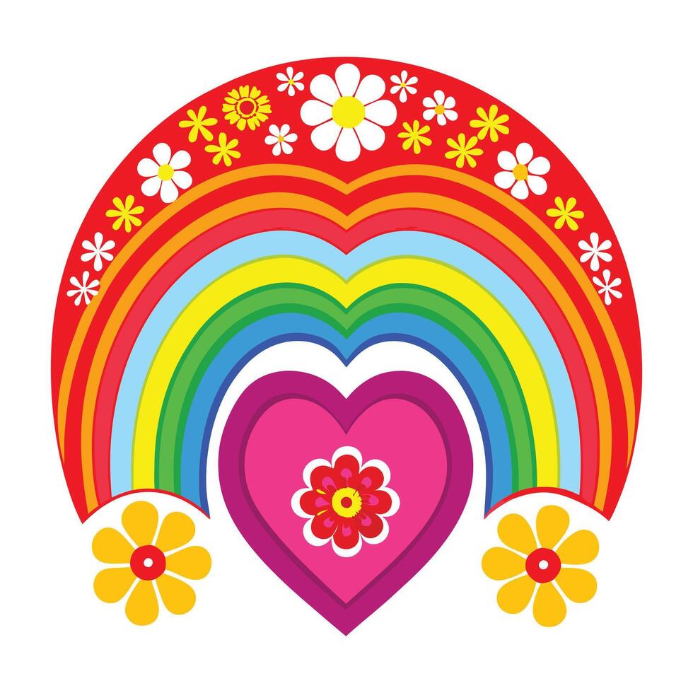 a rainbow and heart with flowers in the background vector