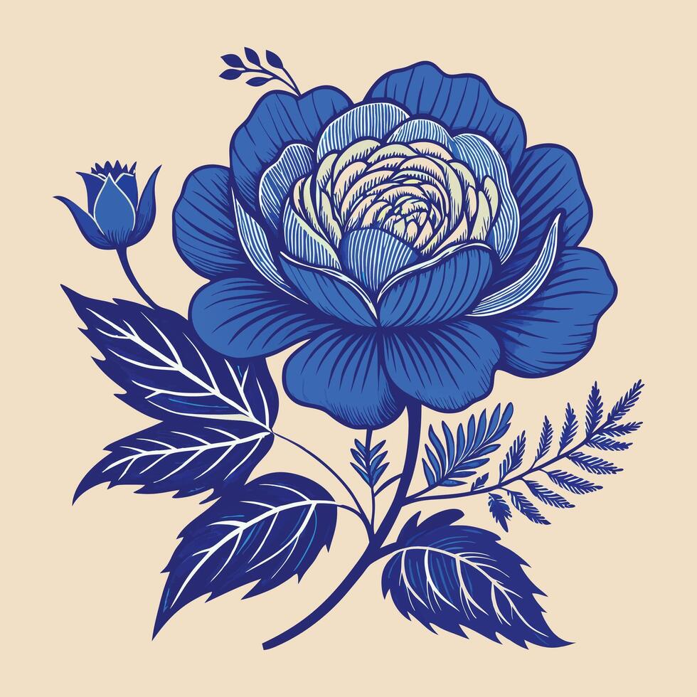 blue flower with leaves and leaves on a beige background vector