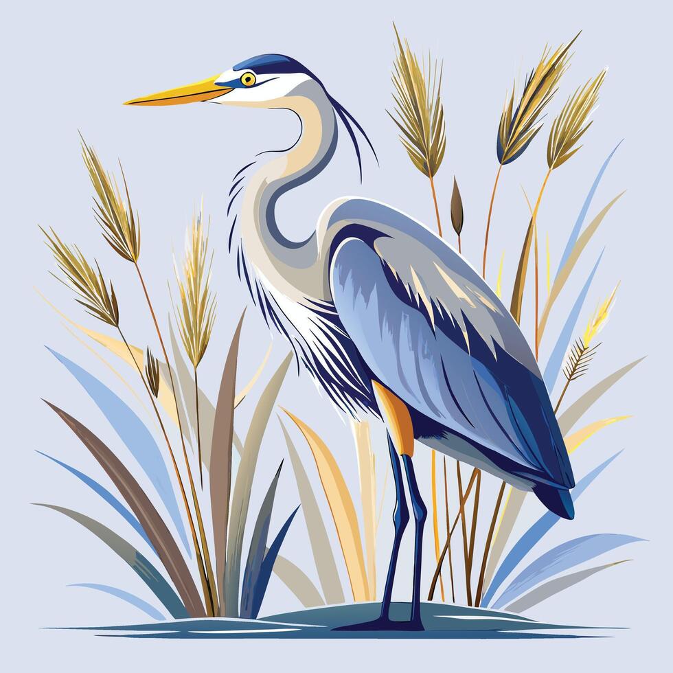a blue heron standing in the grass with wheat vector