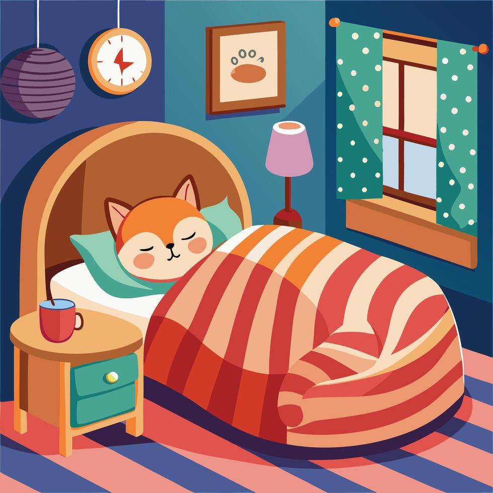 a cartoon illustration of a cat sleeping in a bed vector