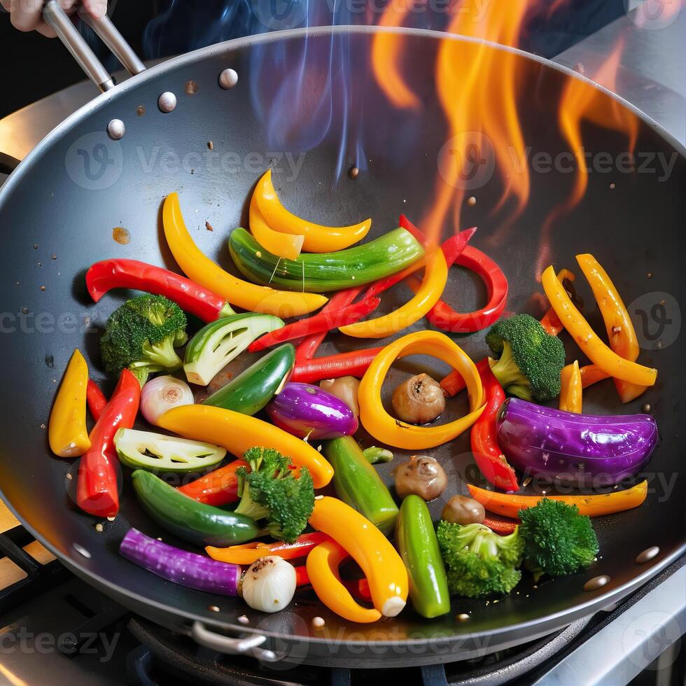 Chef preparing stir fry vegetables in wok with flames photo
