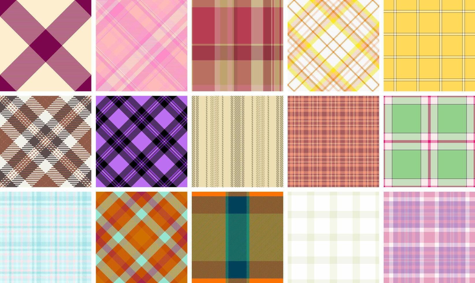 A fashionable set of plaid textile patterns with geometric squares and stripes, perfect for creating trendy clothes or decorative wallpapers. vector