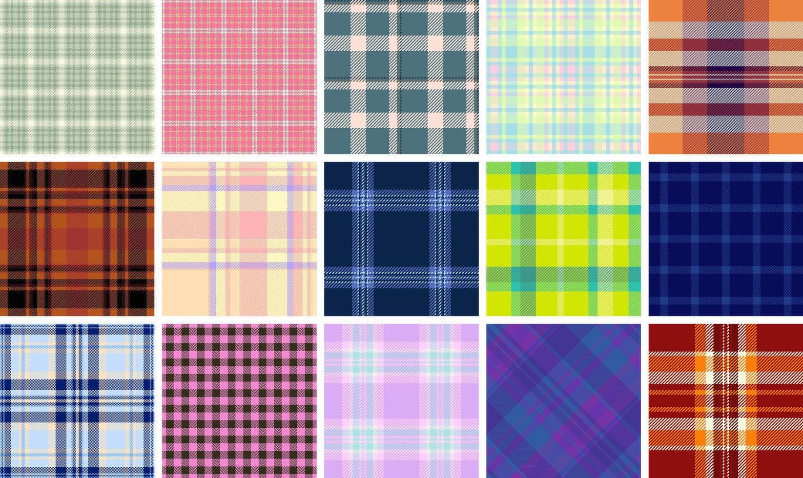 A plaid pattern collection featuring geometric checks and stripes, ideal for trendy clothing, textile designs, or stylish wallpaper. vector