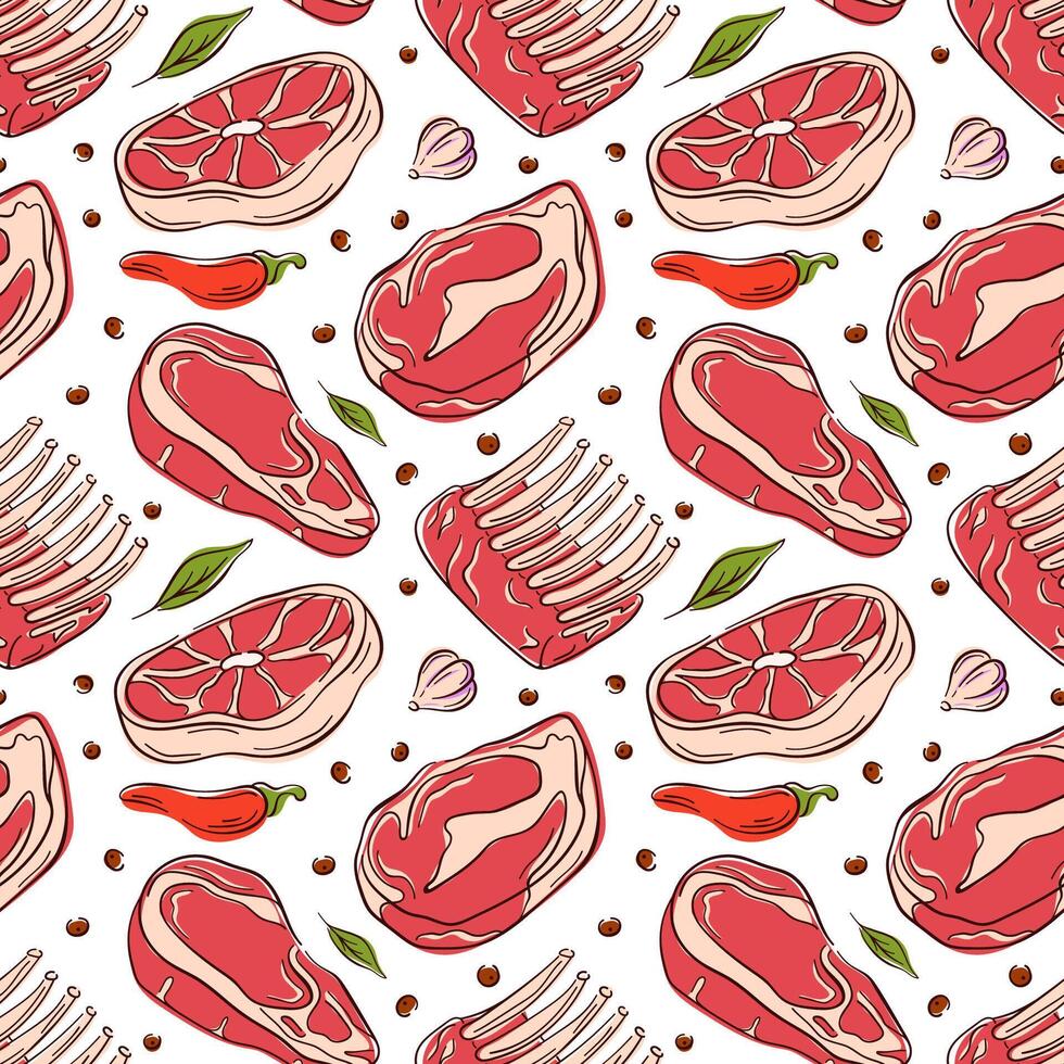 Seamless pattern with different meat cut steak, rib and chop in a flat style. Perfect for food packaging, background, butcher shop design and restaurant menu. vector