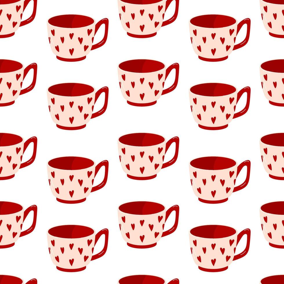 Seamless pattern with mug with heart in flat style for Valentine Day. Colorful cup on white background for coffee, tea, beverage. Design for web, textile, print, packaging. vector