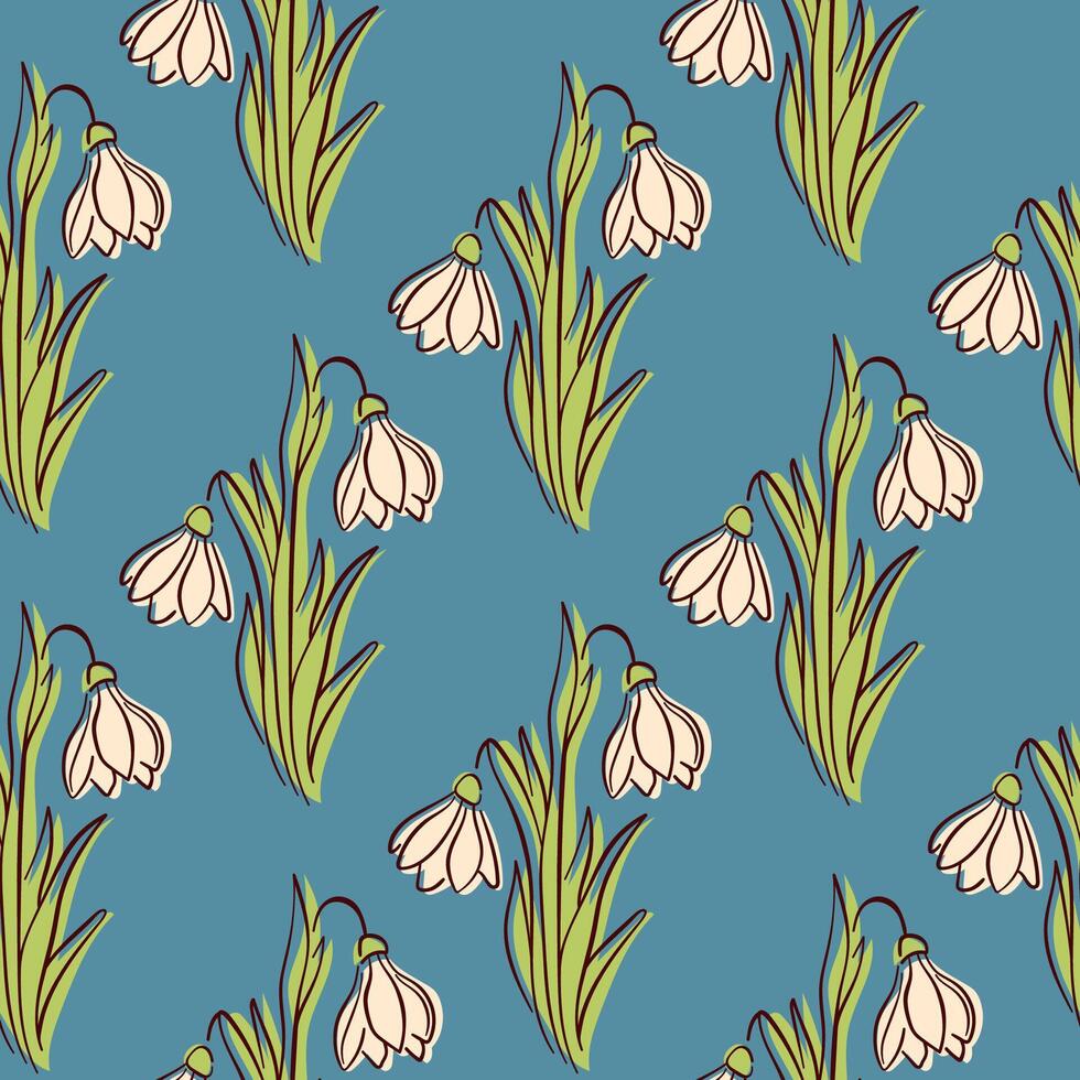 Snowdrops flower on blue background seamless pattern in flat style. Floral print for spring design. vector