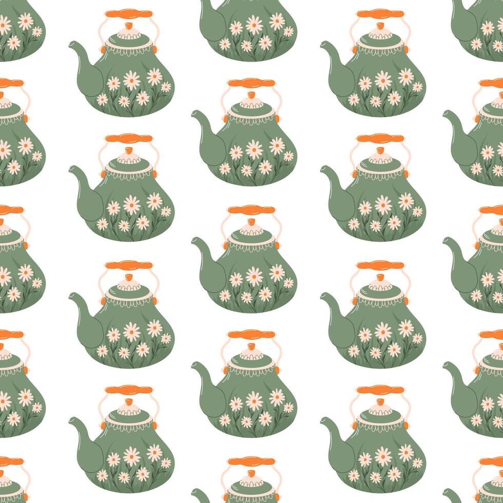 Vintage tea porcelain seamless pattern in flat style. Background with teapot for wallpaper, pattern fill, web page, surface texture. vector