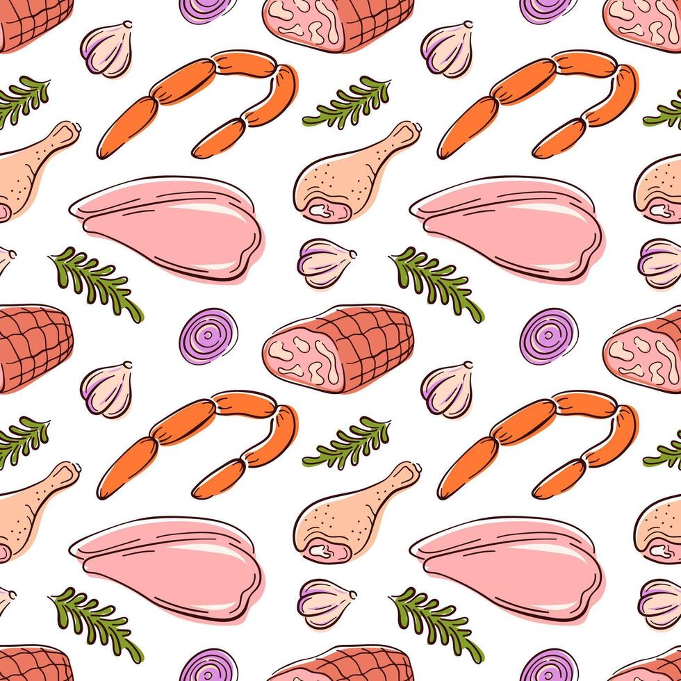 Seamless pattern of different meat cut chicken, sausage and ham in flat style. Perfect for food packaging, restaurant branding and culinary menu. vector