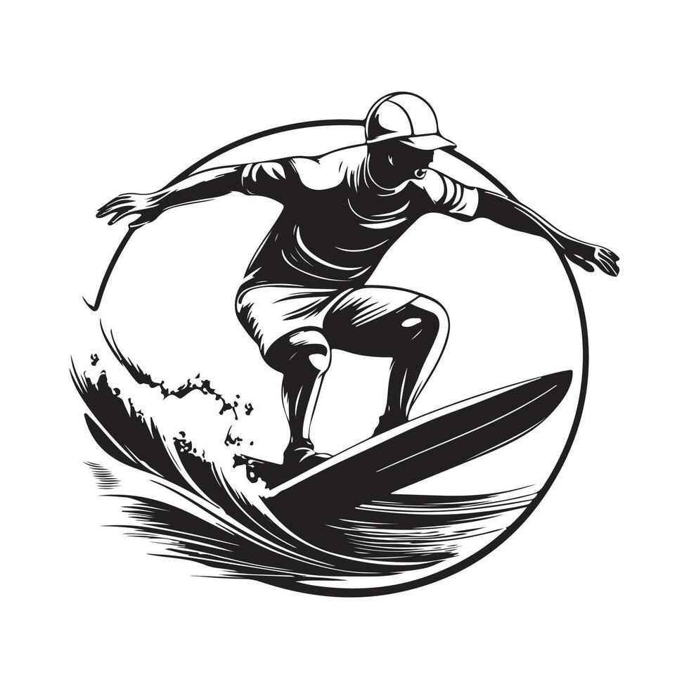 Surfer in action icon in black style isolated on white background. Surfing symbol stock vector