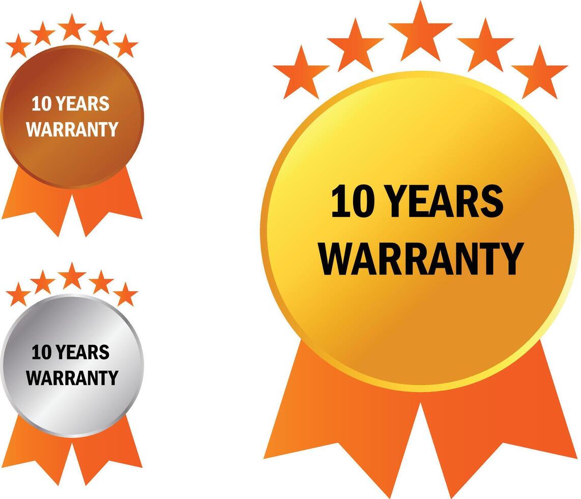 3 Unique Warranty badge. Golden Silver and Fire warranty period Stamp emblem, shield and circle with gold ribbons. Marketing decals set. vector