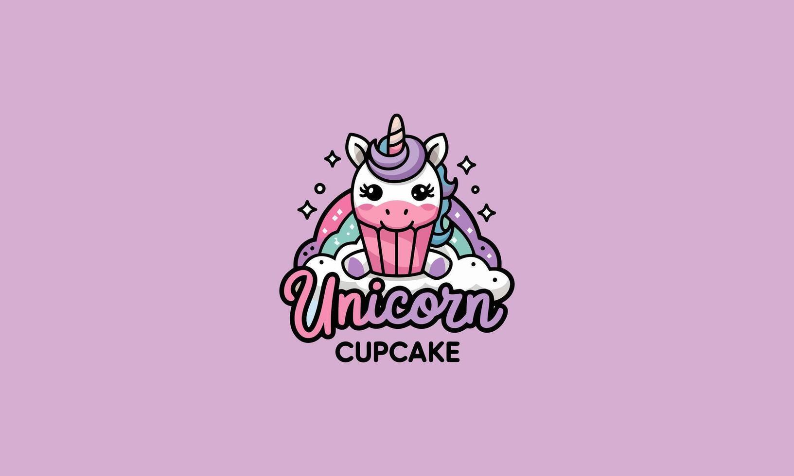 Unicorn cupcake logo with rainbow and pastel design vector