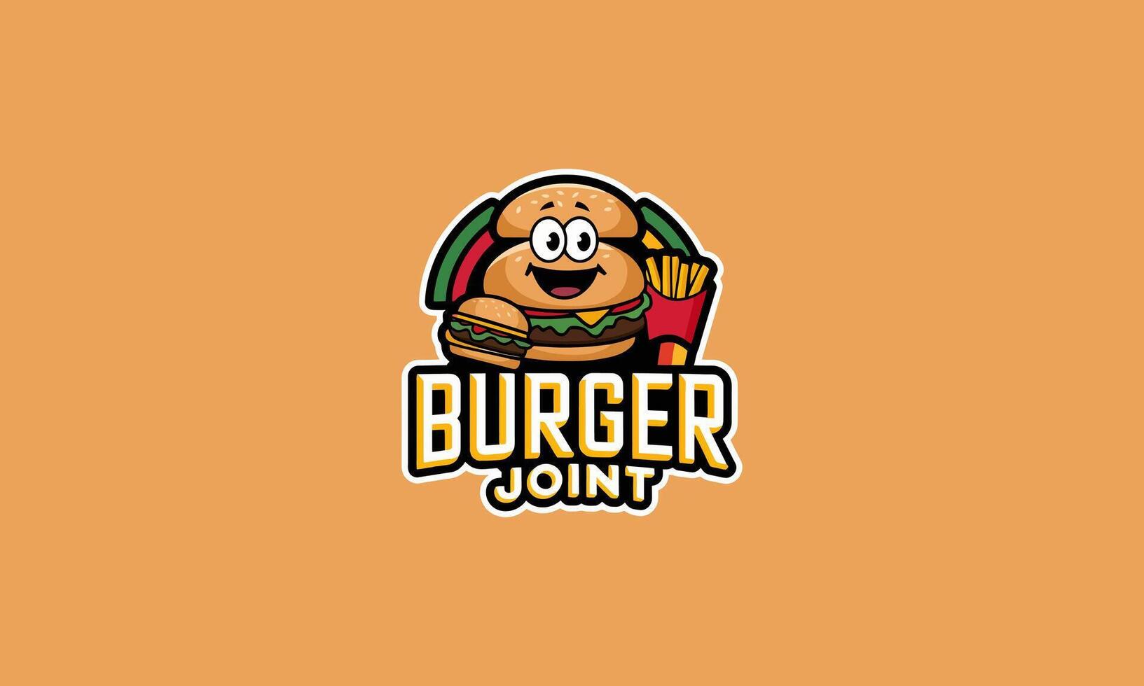 Burger joint logo with cartoon burger and fries design vector