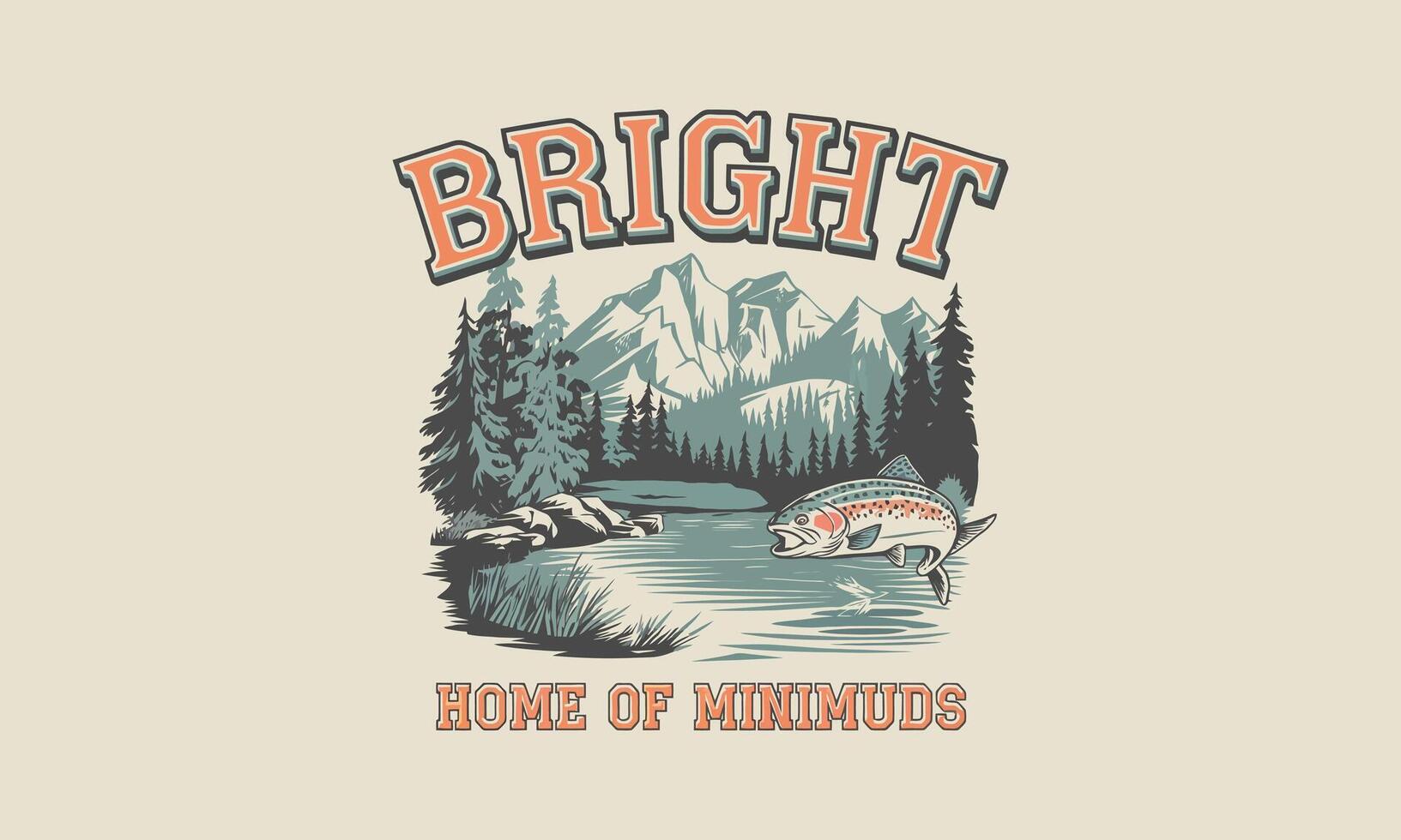 Bright logo with fish, river, trees, and mountain scenery vector