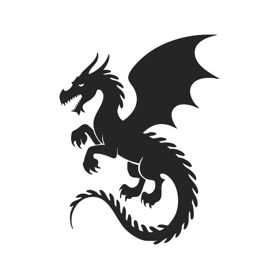 A dramatic, black silhouette of a dragon in a dynamic pose, suitable for logos, emblems, or graphic design projects. vector