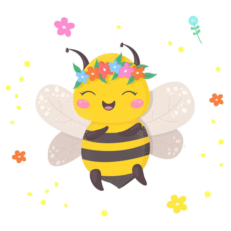 Cute smiling bee. Texture cartoon design featuring cute bumblebee isolated on white. illustration. Element for invitation, print or design web vector