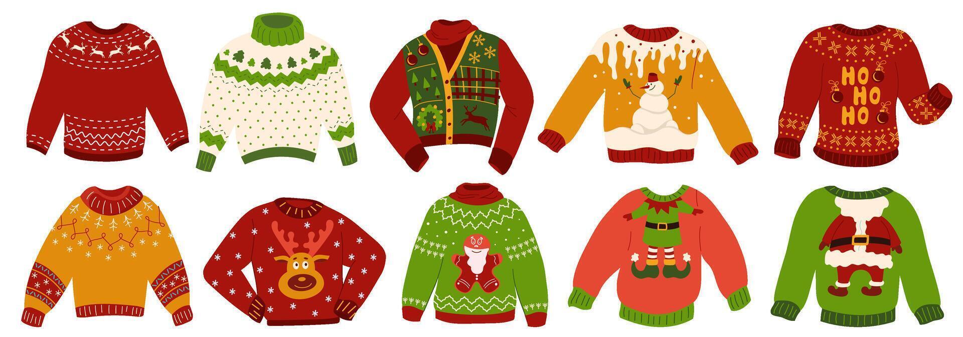 Collection ugly sweaters illustrations isolated. Cute red and green wool pullovers with traditional holidays print for comfort and Christmas party. Set of knitted winter jumpers vector