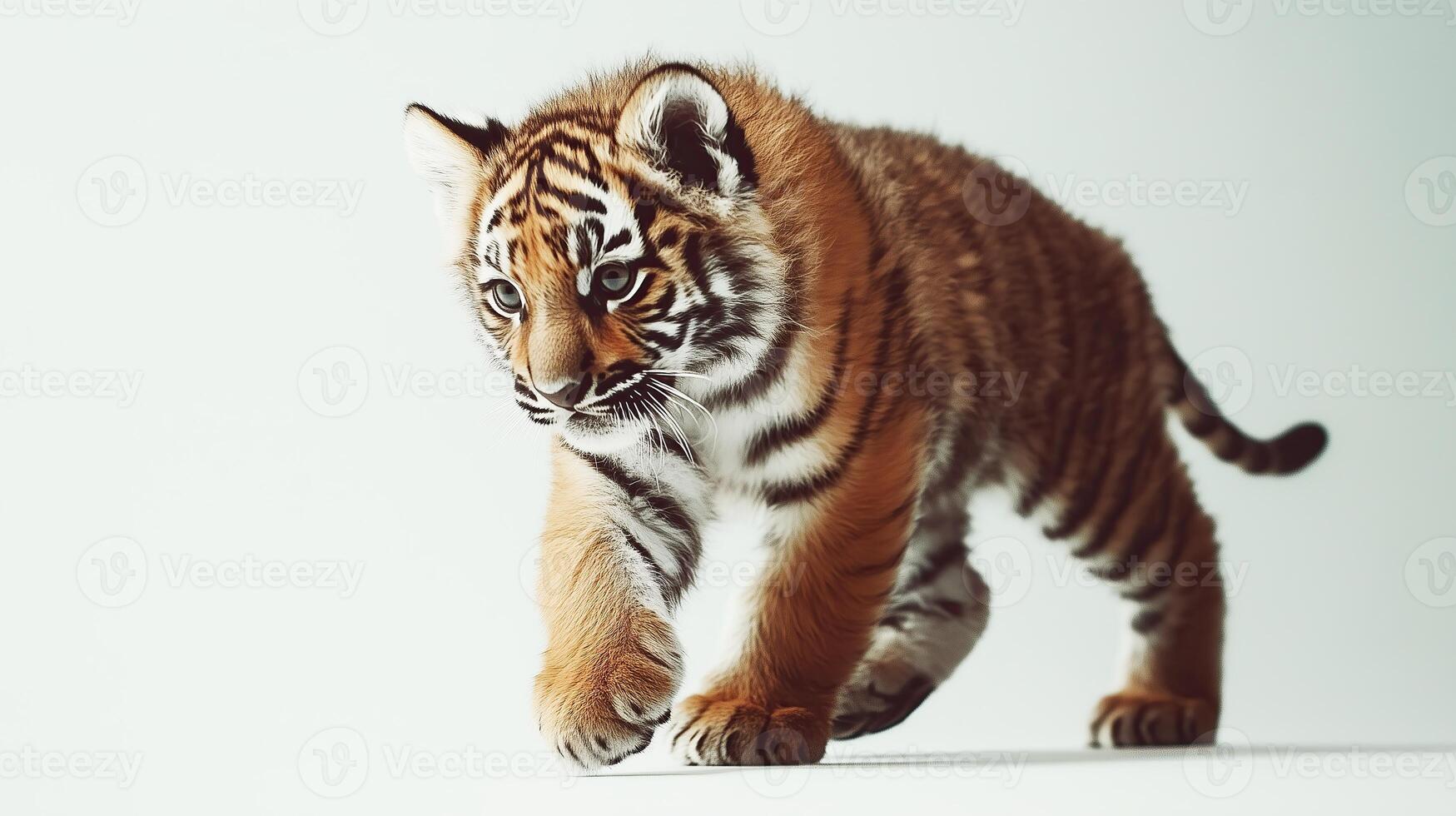 Playful young tiger cub exploring a bright and spacious indoor environment photo