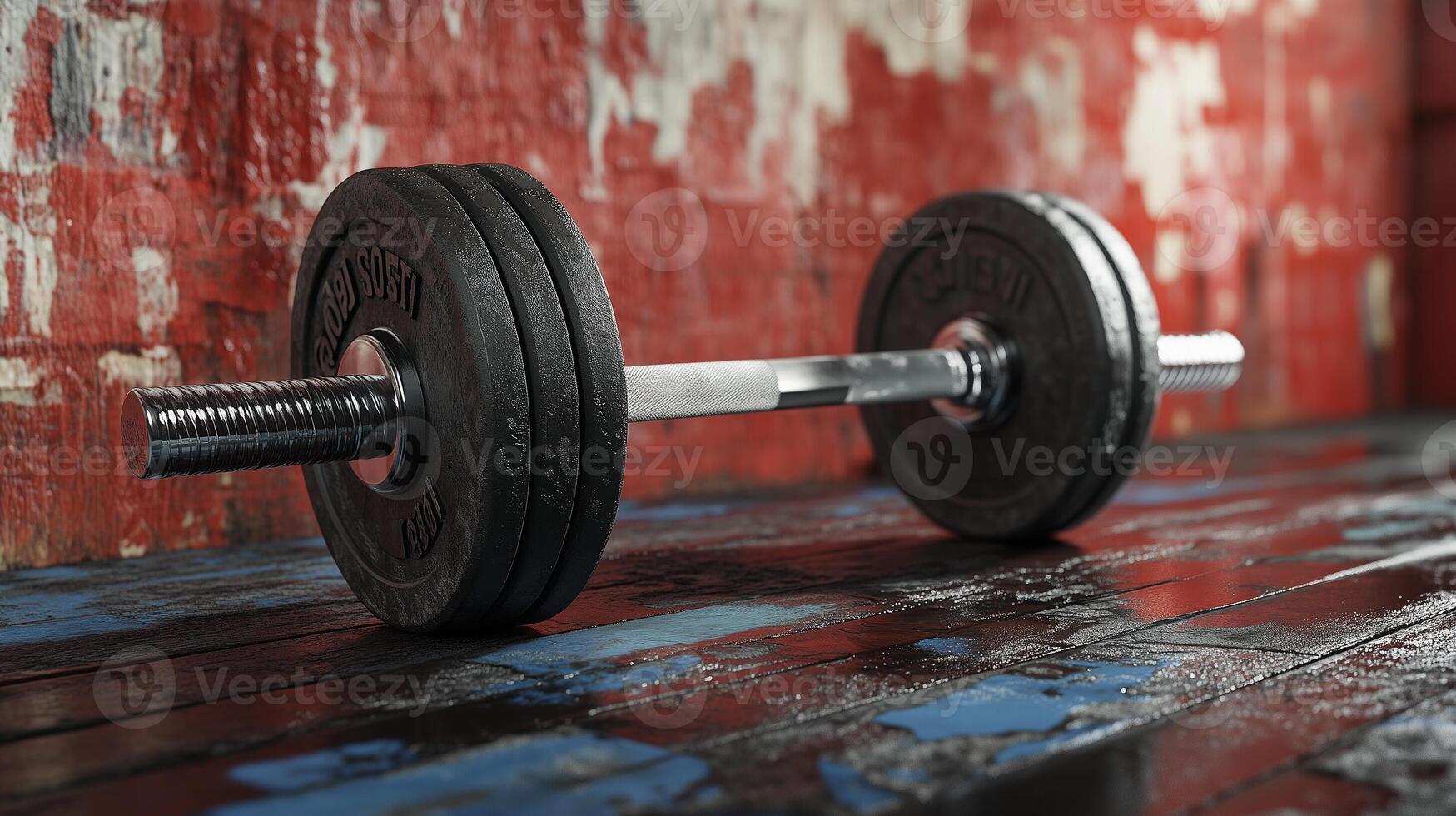 Heavy Olympic barbell resting on rustic gym floor in industrial gym setting photo