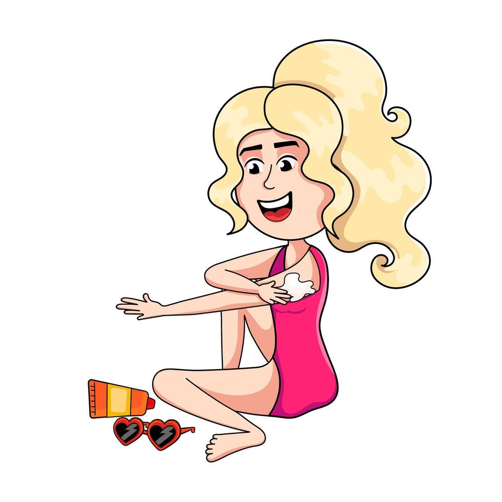 Little girl in pink swimwear applying sunscreen on hand outdoors vector