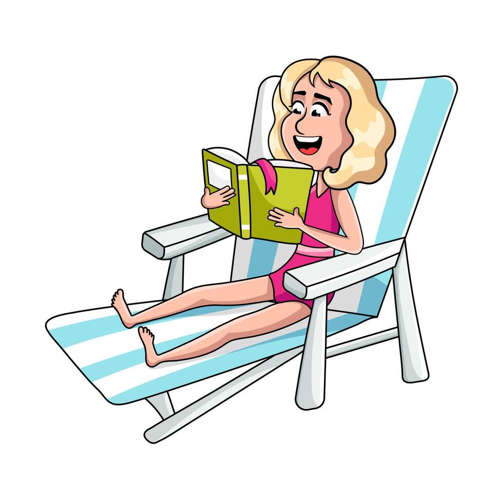 Little blonde girl in pink swimsuit lying on beach chair reading book vector