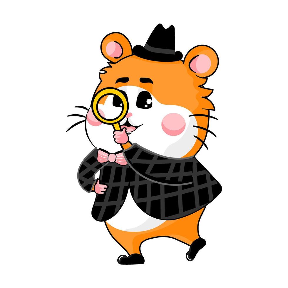 Cute hamster detective character curiously examining with magnifying glass in cartoon style vector