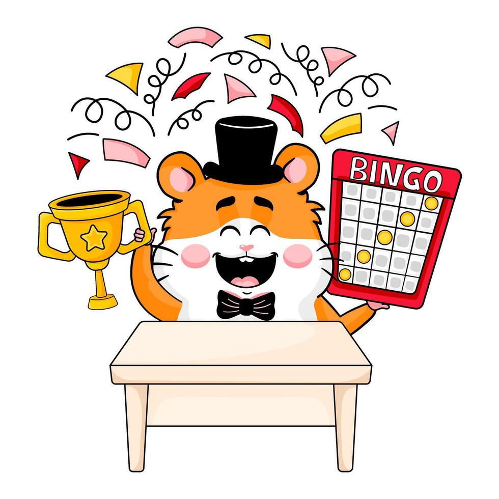 Cute hamster mascot winning bingo championship with funny happy emotion, cartoon style vector