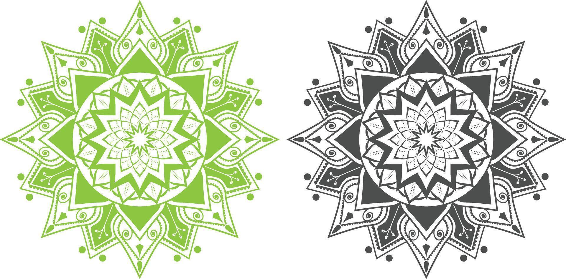 Hand drawn black and green mandala beautiful decorative detailed floral ornaments. vector