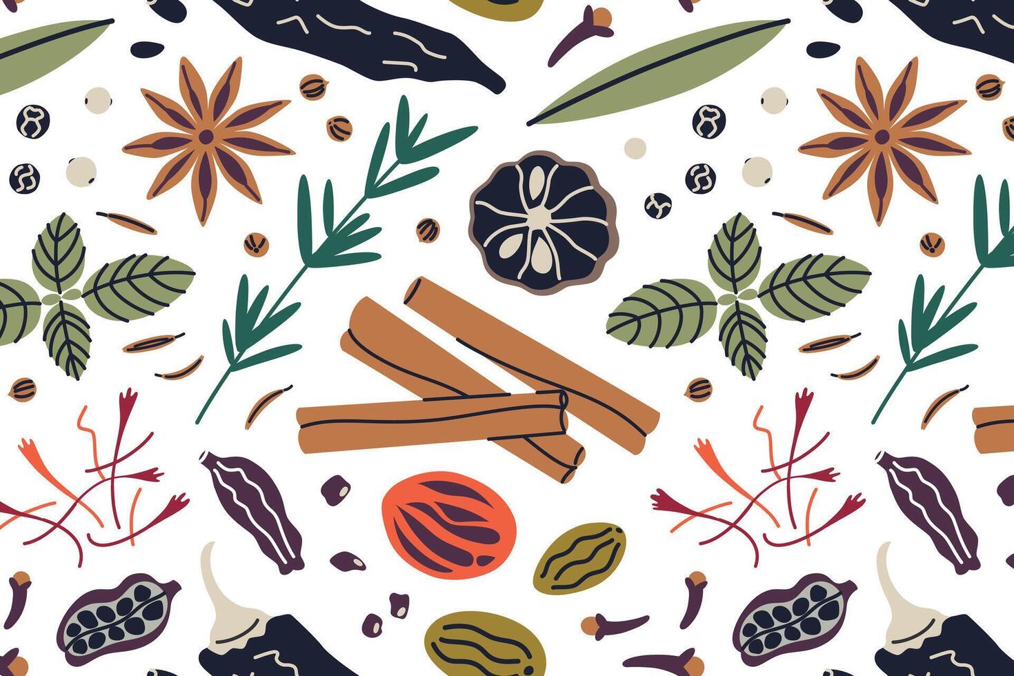 Seamless spices pattern illustration. Cinnamon, star anise, saffron, cloves, bay leaves, and herbs. Flat cartoon doodle design for kitchen, culinary decoration, and cooking themes vector