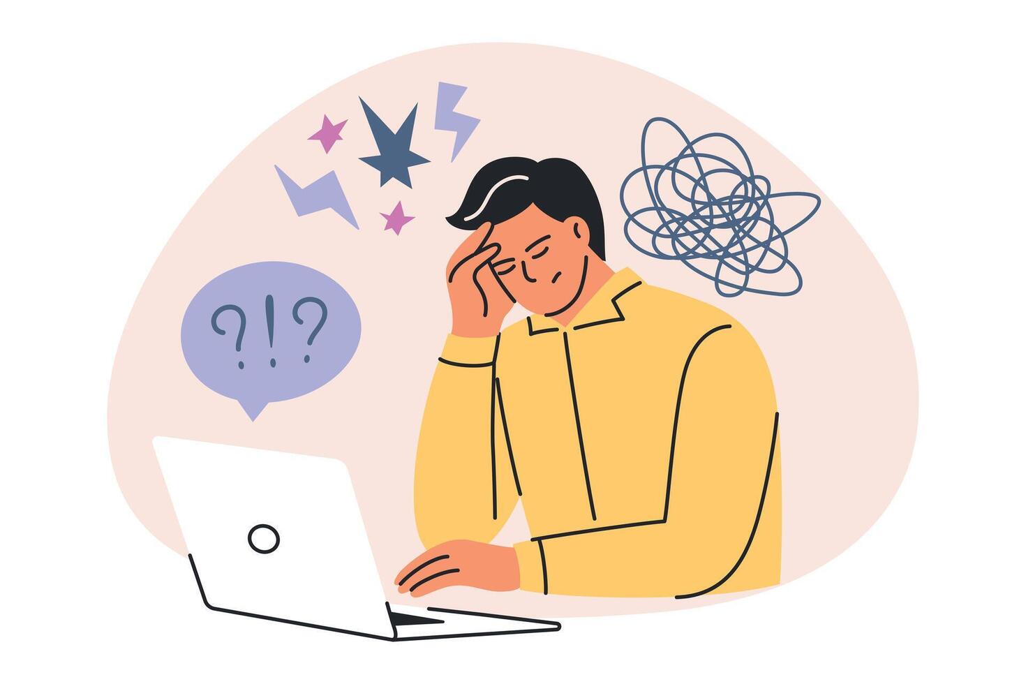 Burnout concept illustration. Cartoon man with stress, overwork, and frustration at computer. Flat doodle style, emotional crisis, workplace mental health, anxiety, and pressure icon vector