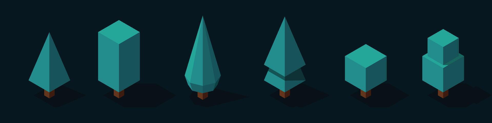 Isometric tree at night set. Tree isometric set elements. Isometric trees elements for landscape design. Park element set vector