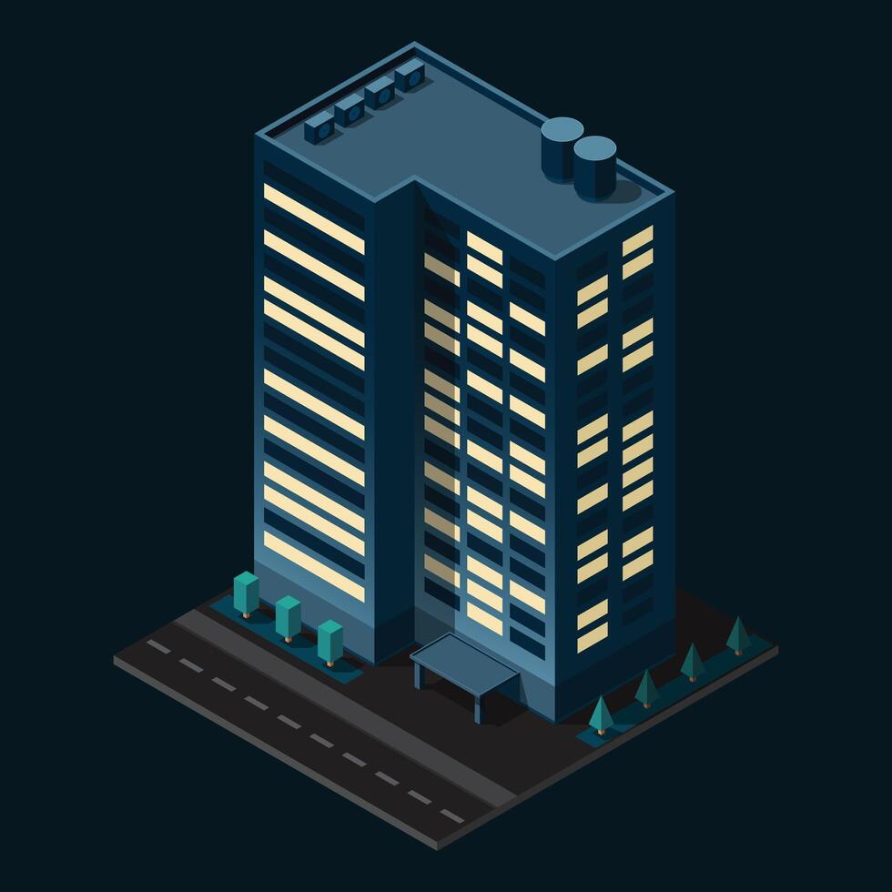 Isometric city building at night. Isometric modern building. Skyscraper building or business office. illustration vector