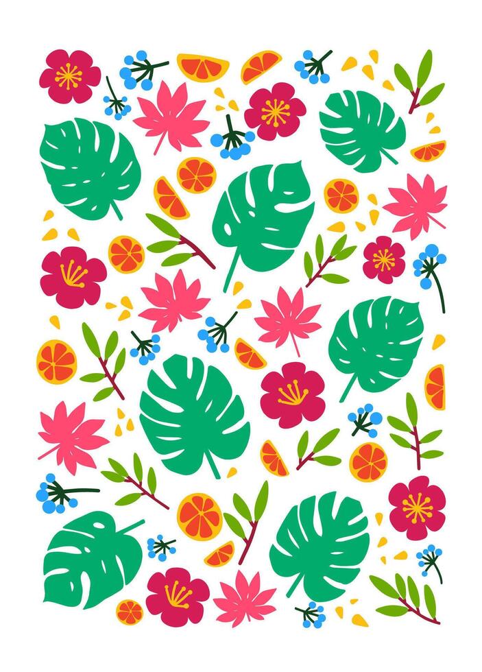 Vertical backdrop, card or poster template decorated with exotic monstera leaves, summer flowers, tropical citrus fruits on white background. Colorful cartoon illustration in flat style vector