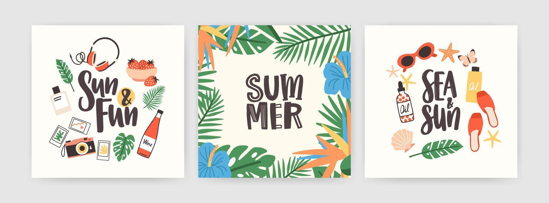 Collection of square summer cards with lettering handwritten with elegant cursive font and seasonal decorations - leaves, flowers, photo camera, sunglasses, seashell. Flat colored illustration. vector