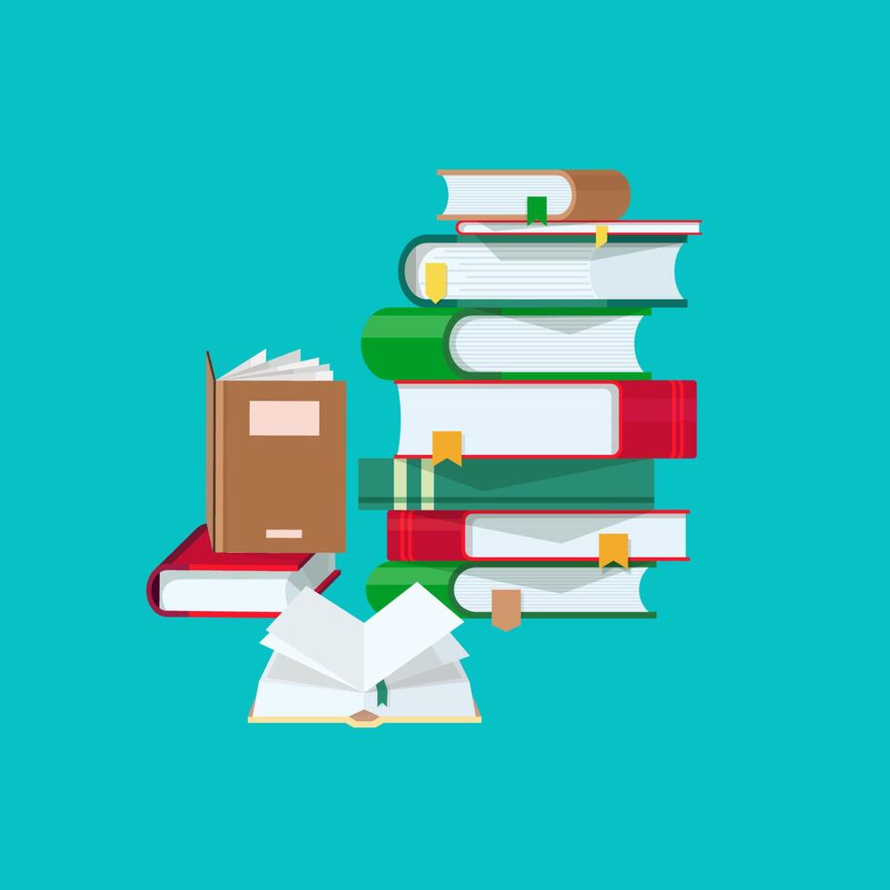 Pile of books with colorful covers and bookmarks isolated on blue background. Stack of hardcover textbooks or literature works. University education, reading, studying. Cartoon illustration vector