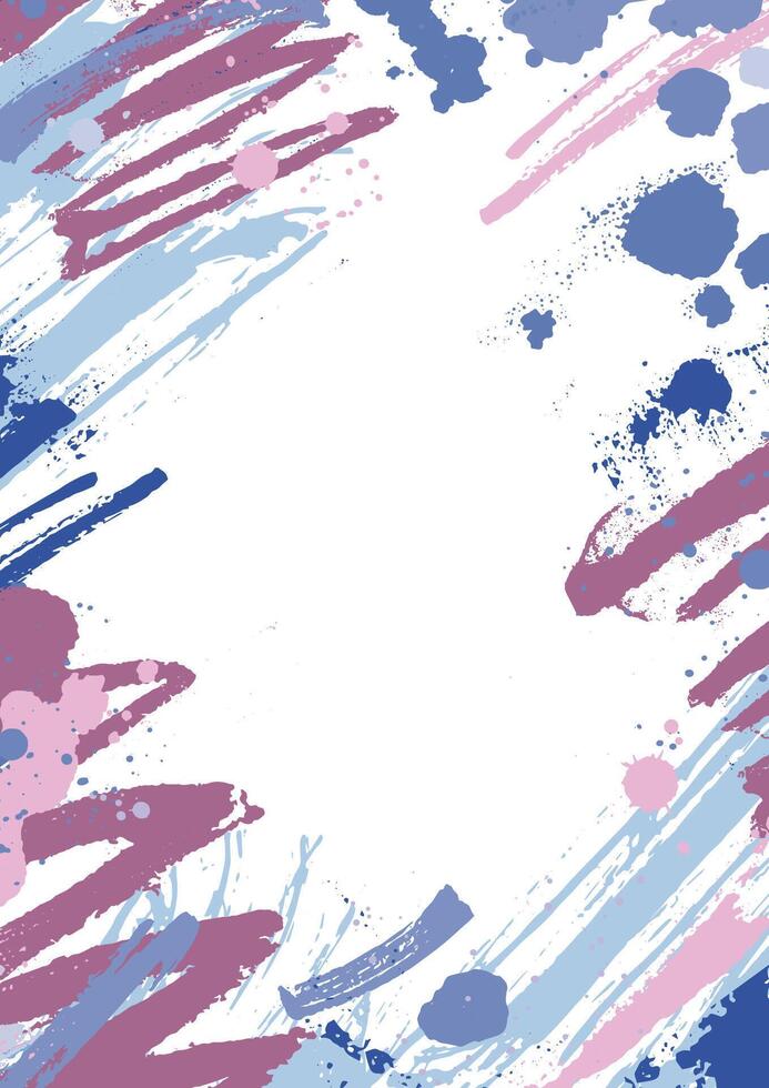 Vertical backdrop with colorful paint stains, blots and brush strokes on white background. Beautiful artistic decorative frame or border with blue and purple smears and scribble. illustration vector