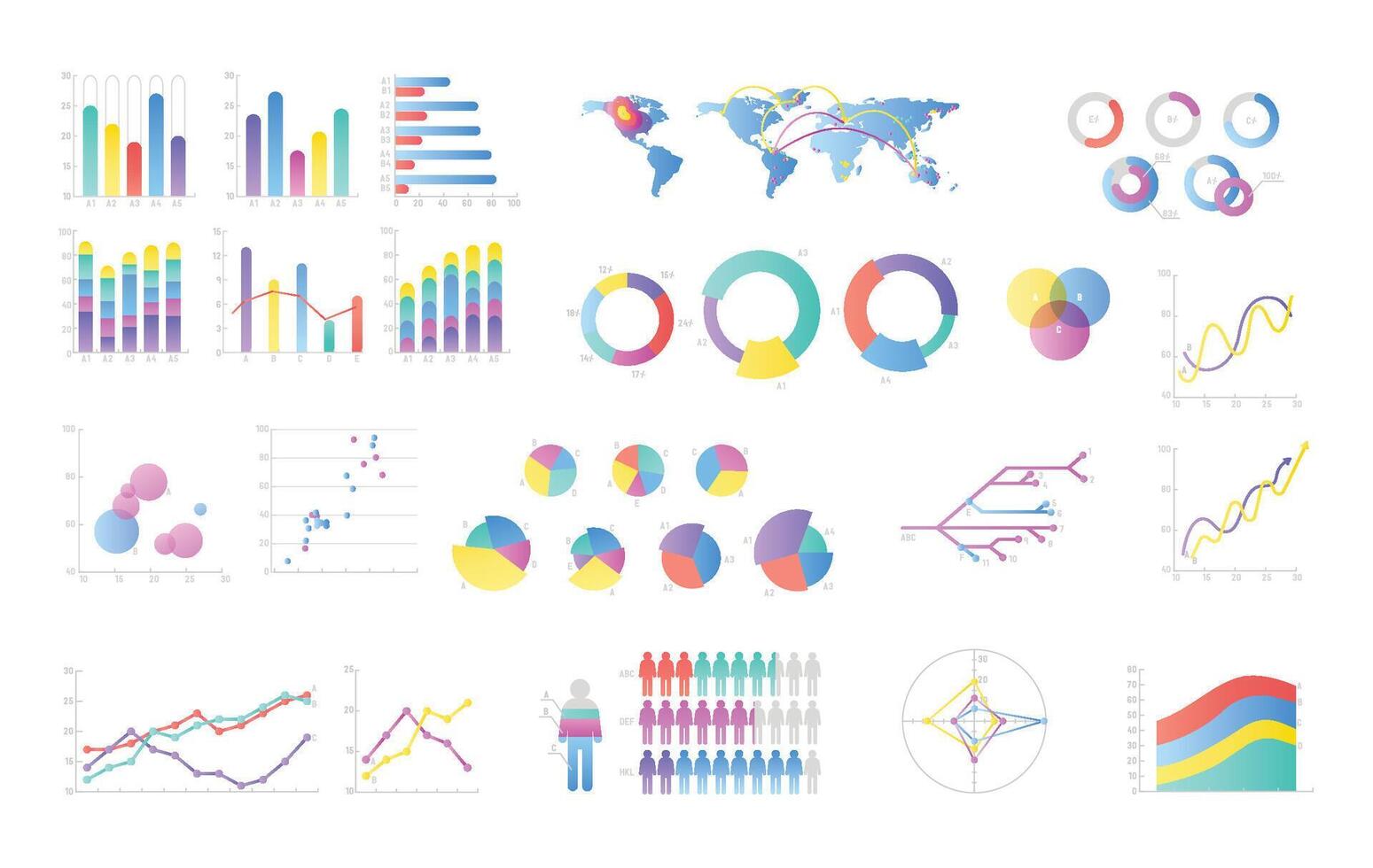 Collection of colorful bar charts, pie diagrams, linear graphs, scatter plots. Statistical and financial data visualization and representation. illustration for business presentation, report vector