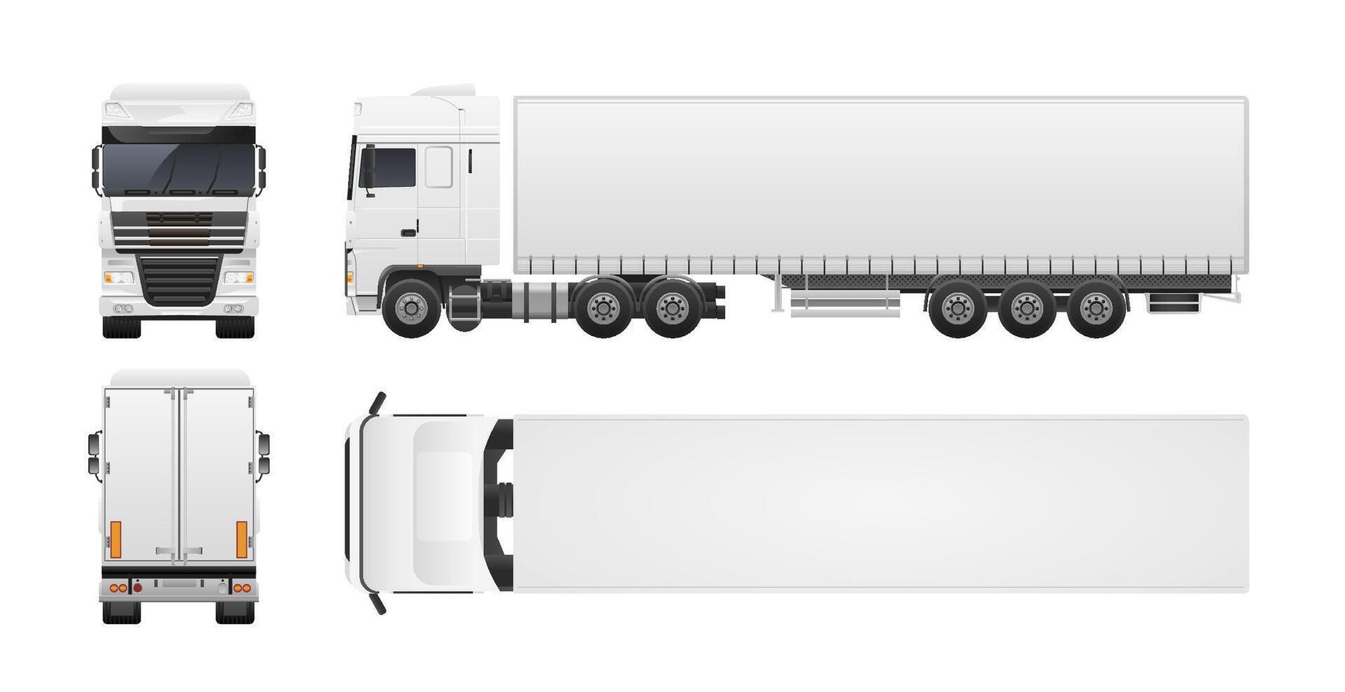 Modern truck or lorry isolated on white background. Front, back, top and side views. Commercial road vehicle, automobile shipping or delivery, cargo transportation. Realistic illustration vector