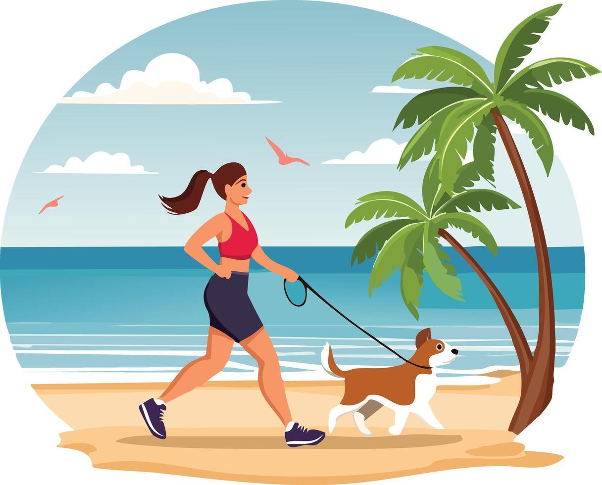 Woman walking with the dog summer illustration vector