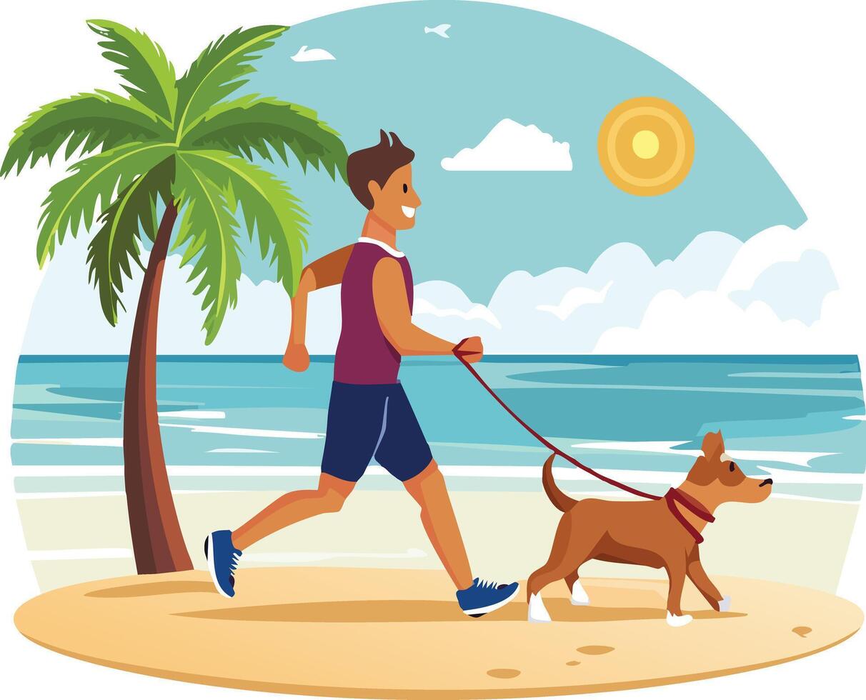Young man jogging with dog vector