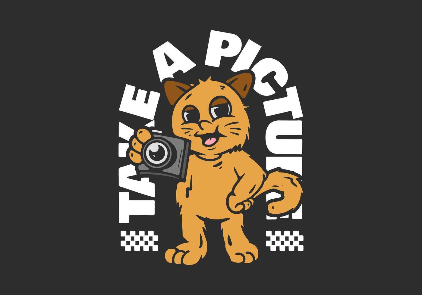 Take a picture. Standing orange cat character holding a camera illustration vector