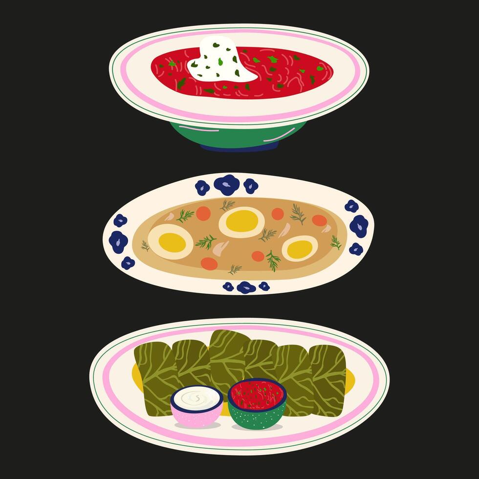 A set of Ukrainian national dishes for the Christmas table. Traditional Ukrainian cuisine. Vintage food stickers. Borscht, varenyky, holubtsi, pampushki, deruny, salo vector