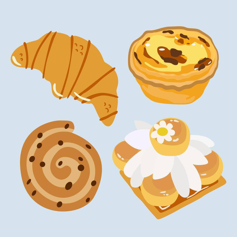 Fresh French pastries for bakery menu design. Bakery pastry products. bread icons. Stickers for bakery and coffee shops. French baguette, croissant, bagel, sandwich, sweet pastry vector