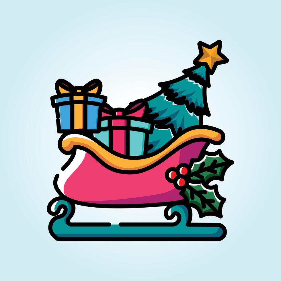 Santa's Christmas Eve Sleigh Filled with Presents and a Festive Tree vector