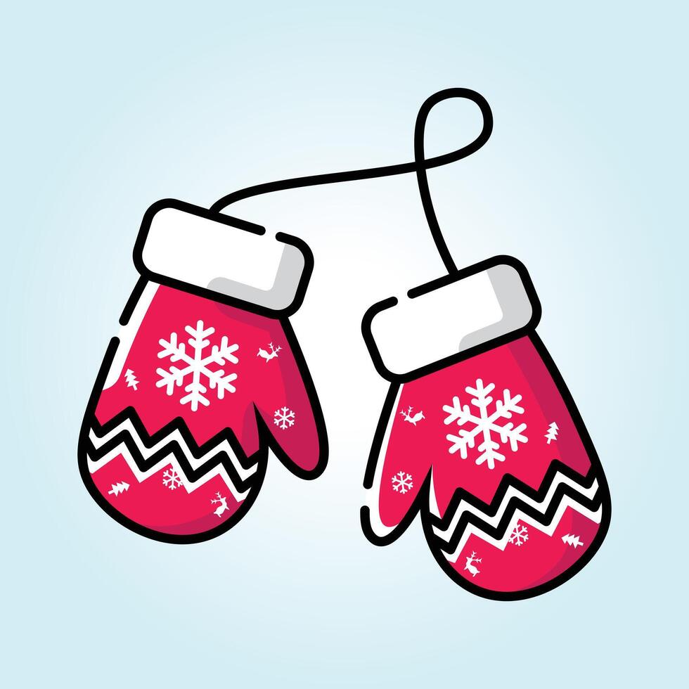 Charming Red Knitted Winter Mittens with Snowflake Design Hanging Illustration vector