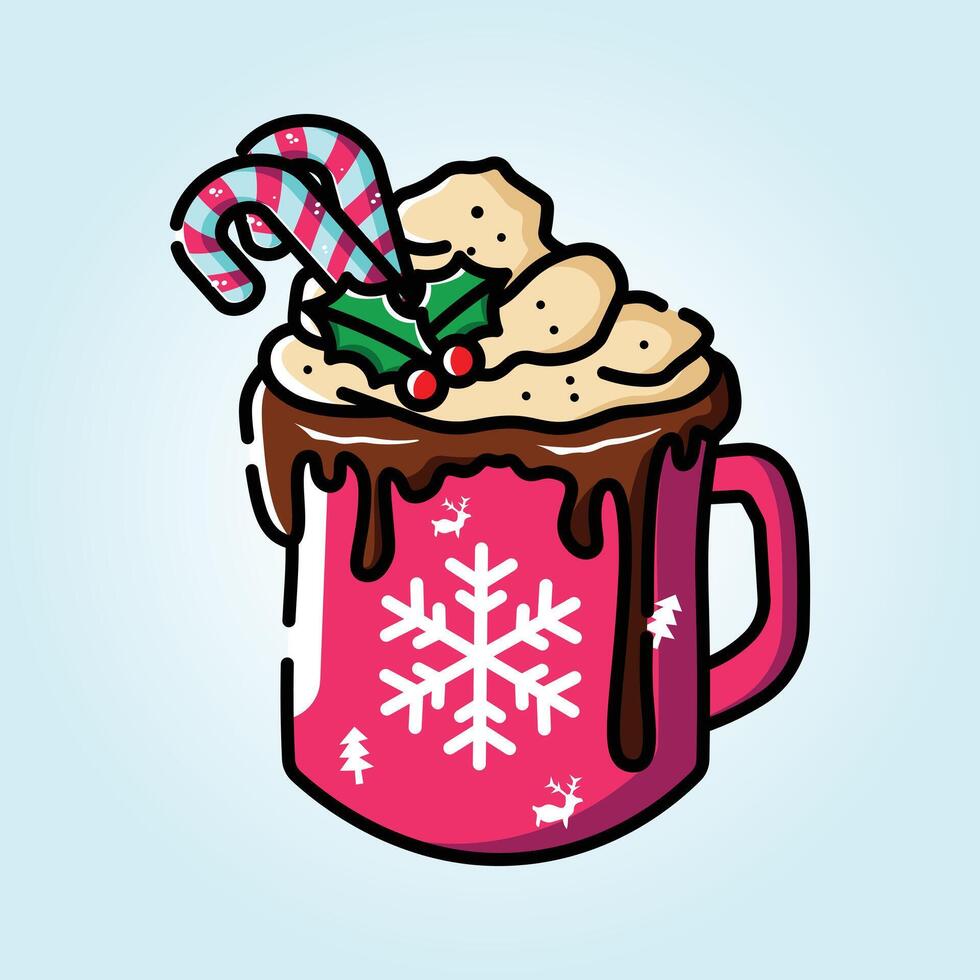 A Festive Christmas Hot Chocolate Mug Design with Whipped Cream, Candy Canes, and Holly Berry Garnish vector