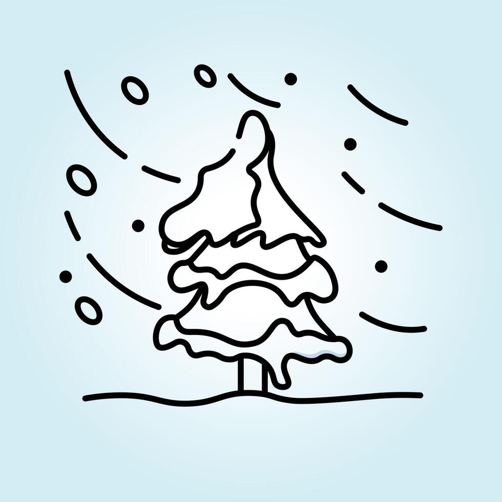 A Snowy Day Line Art Illustration of a Pine Tree Bending in the Wind During a Blizzard vector